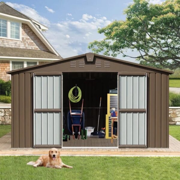 Backyard Storage Shed , Outdoor Garden Shed Metal Utility Tool Storage Room With Lockable Door For Patio (Brown) - Image 5