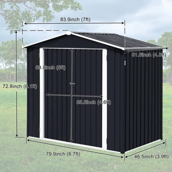 Outdoor Storage Shed Waterproof 4.2x7 Ft, Heavy Duty Metal Outside Utility Tool Portable Shed House With Lockable Doors For Patio Backyard Garden, Black - Image 2