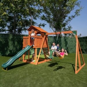 Sportspower Oak Grove Wooden Swing Set with Lifetime Warranty on 8' Blow Molded Slide