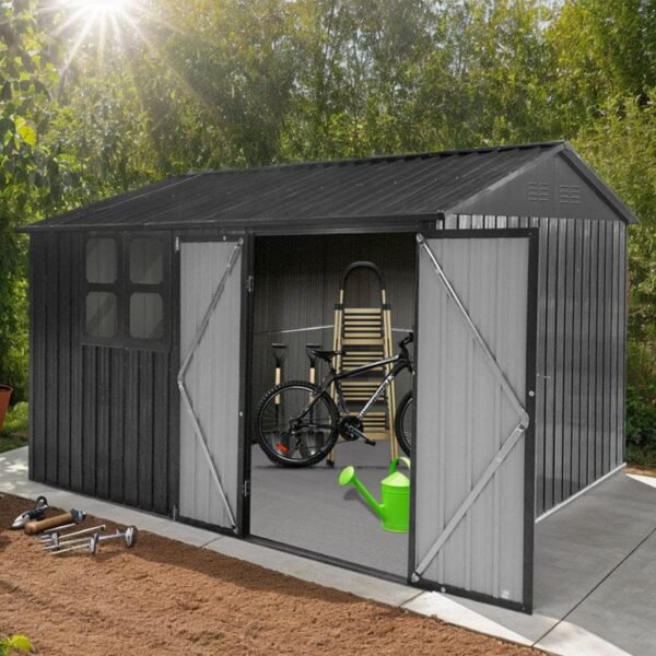 Storage Shed with Window, 10'x8' Metal Outdoor Storage Shed for Backyard, Metal Shed for Tool, Black - Image 3