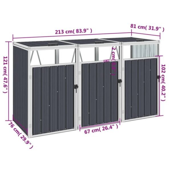 Vidaxl Triple Garbage Bin Shed Anthracite 83.9"X31.9"X47.6" Steel - Image 3