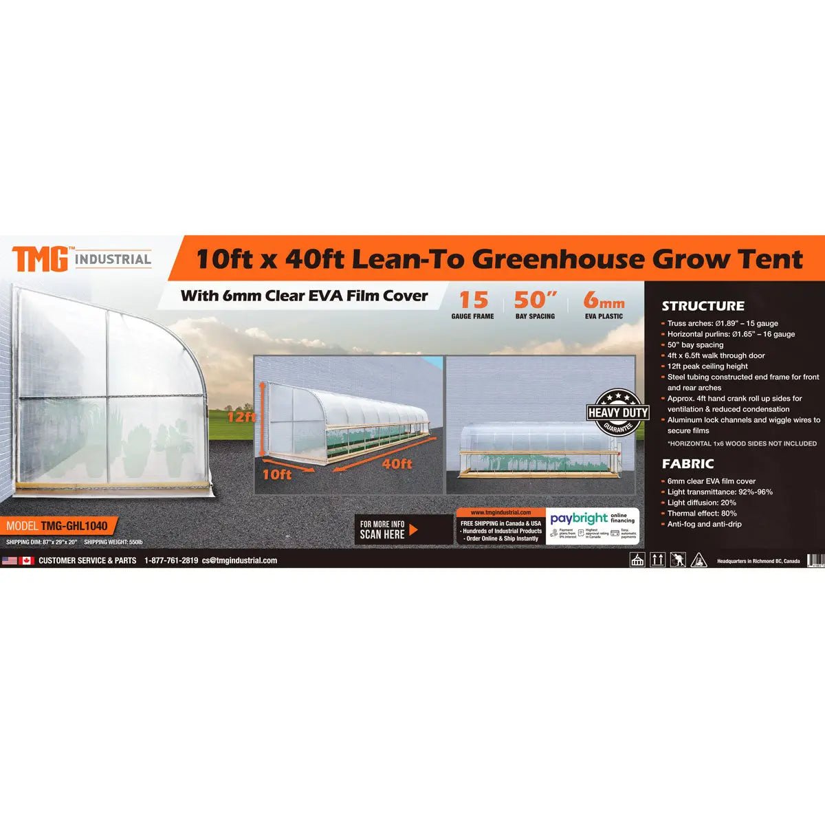10’ x 40’ Lean-To Greenhouse Grow Tent w/6 Mil Clear EVA Plastic Film, Cold Frame, Hand Crank Roll-Up Side, 6-½’ Sidewall, TMG-GHL1040 - Image 15
