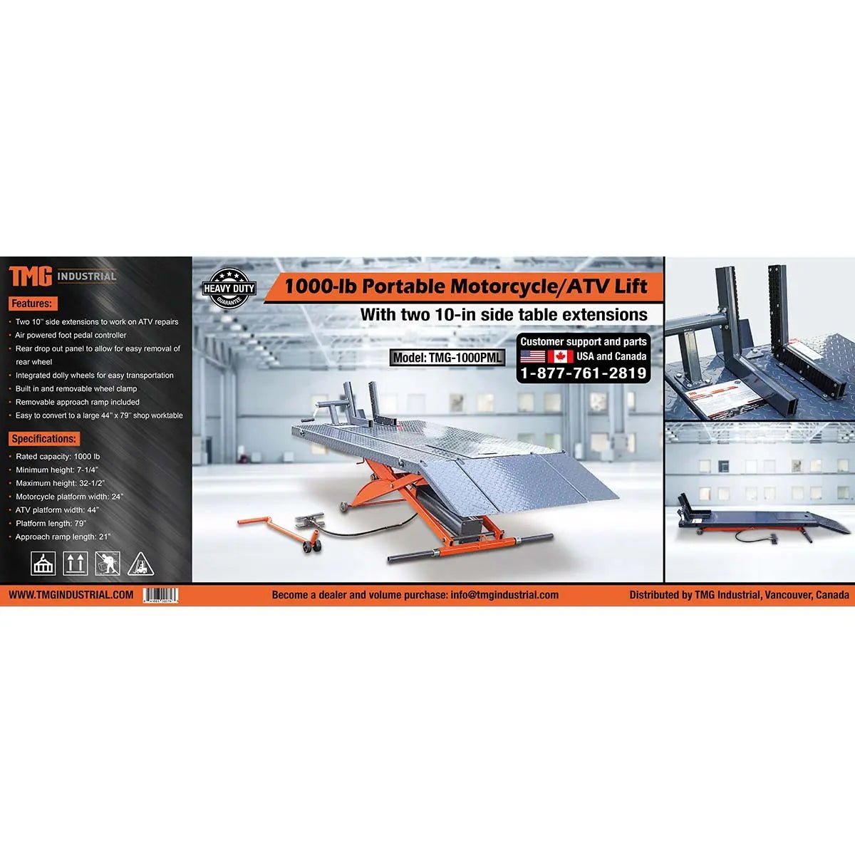 1000 lb Portable Motorcycle/ATV Scissor Lift, 44" Work Platform, 10" Side Panel Extensions, 79" Platform Length, Front Vise Kit, TMG-1000PML - Image 8