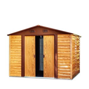 11’ x 12’ Wood-Grain Galvanized Apex Roof Metal Shed, 50" Sliding Door, 29 GA Corrugated Metal, 67" Edge Height, TMG-MS1112