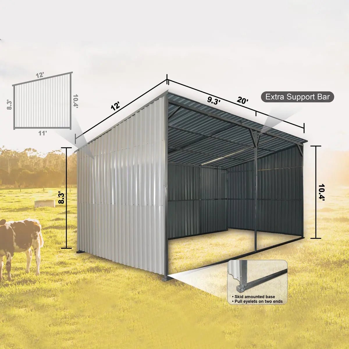 12’ x 20’ Galvanized Metal Livestock Shed, 240 Sq-Ft, 27 GA Corrugated Panels, Sliding Skid Mount, TMG-MS1220L - Image 12