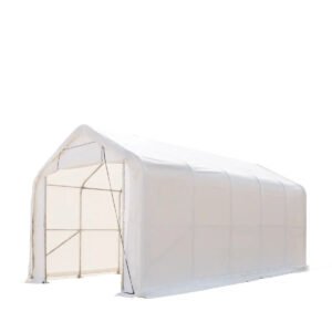 15’ x 25’ RV/Motorhome Storage Shelter, 17 oz PVC Fabric Cover, Front Roll-Up Door, Enclosed Rear Wall, 3-Layer Galvanized Steel Frame, 10’ Straight Sidewalls, TMG-ST1525