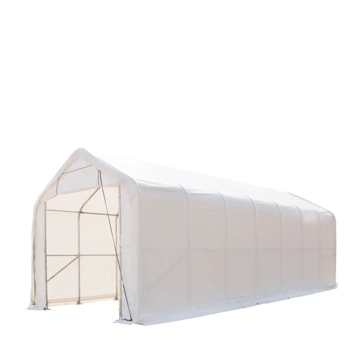 15’ x 35’ RV/Motorhome Storage Shelter, 17 oz PVC Fabric Cover, Front Roll-Up Door, Enclosed Rear Wall, 3-Layer Galvanized Steel Frame, 10’ Straight Sidewalls, TMG-ST1535