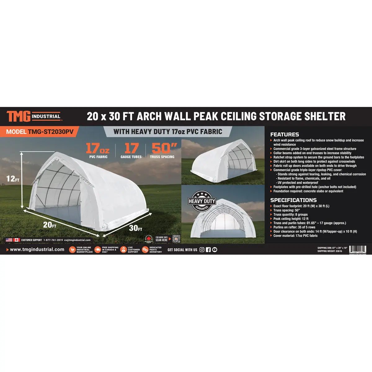 20' x 30' Arch Wall Peak Ceiling Storage Shelter with Heavy Duty 17 oz PVC Cover & Drive Through Doors, TMG-ST2031PV(Previously ST2030PV) - Image 2