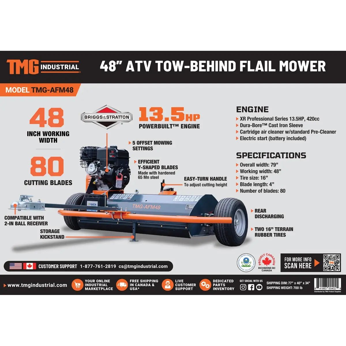 48" ATV Tow-Behind Offset Flail Mower, Briggs & Stratton 13.5 HP Engine, Adjustable Mowing Height, 15" Cut Capacity, TMG-AFM48 - Image 10
