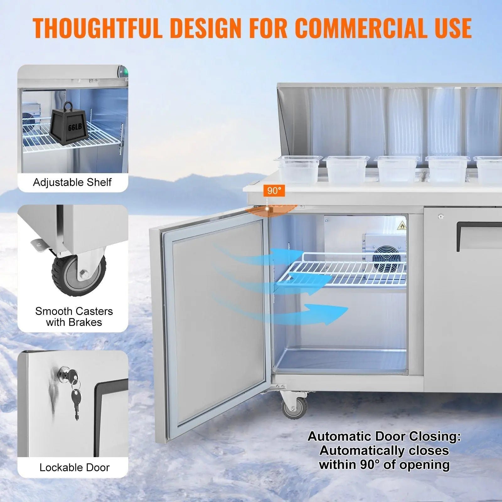48-Inch Commercial Sandwich Salad Prep Table with Dual Doors 12.9 Cu.ft Refrigerator, DOBA-FZPT13 - Image 6