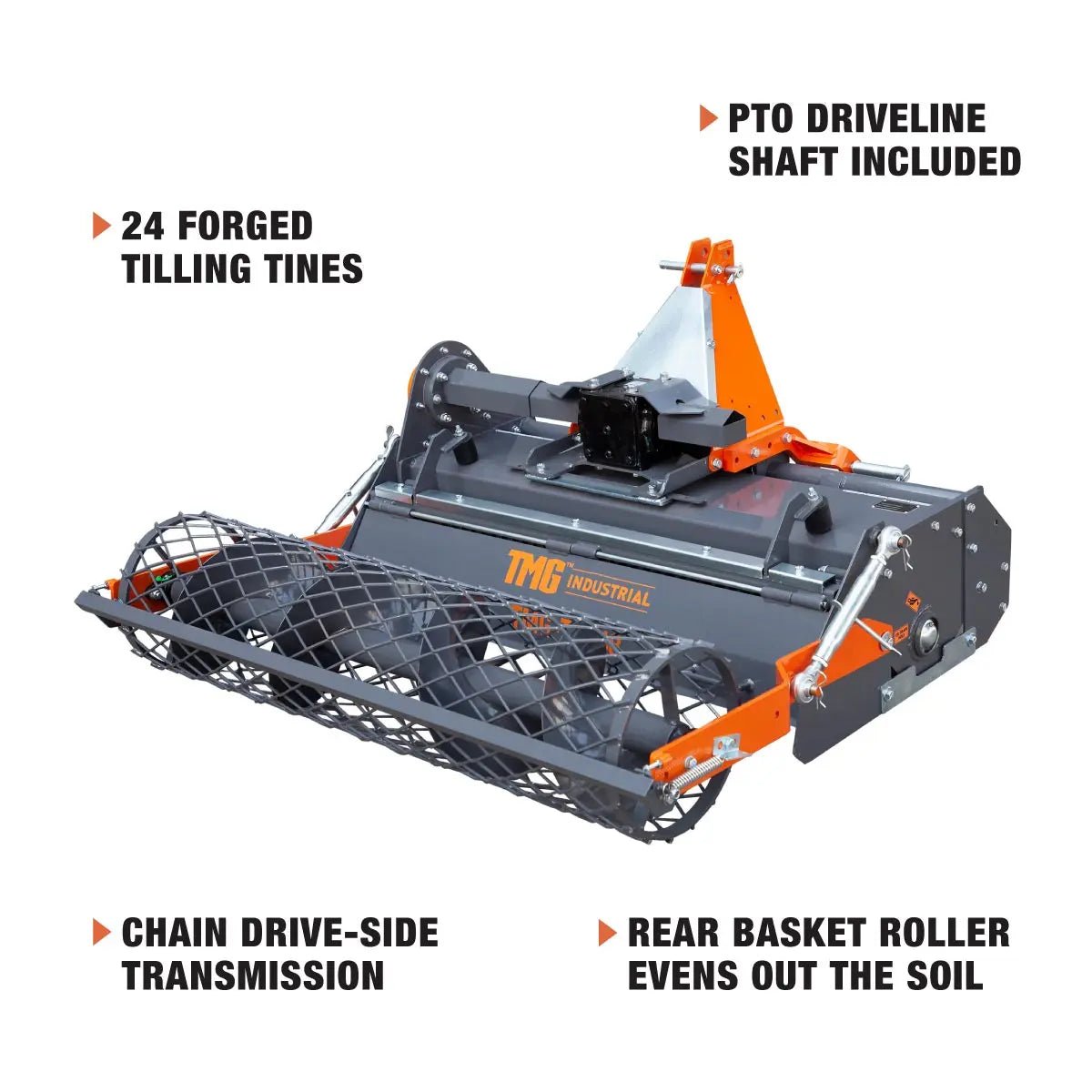 48" Stone Burier Rotary Tiller, 3-Point Hitch, Category 1 Hookup, 25-50 HP Tractors, PTO Shaft Included, 2-1/2" Stone Capacity, TMG-TSB48 - Image 5