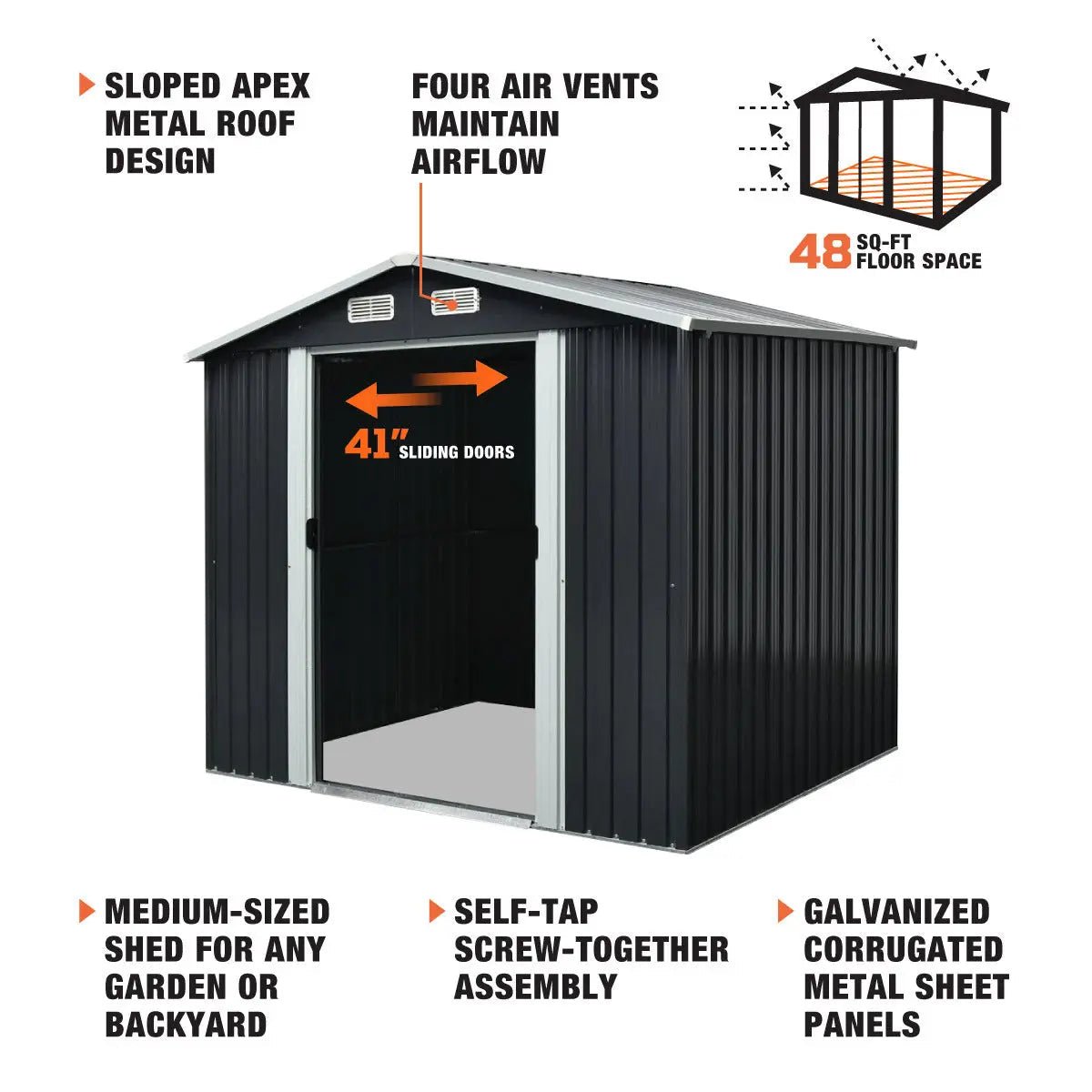 6’ x 8’ Galvanized Apex Roof Metal Shed, 29 GA Corrugated Metal, 67" Edge Height, TMG-MS0608 - Image 3