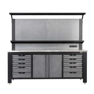 7’ Extreme Duty Steel Garage Workbench w/Pegboards, Adjustable Shelving, Power Outlets, USB Port, Magnetic Motion LED Lamps, TMG-WBC07