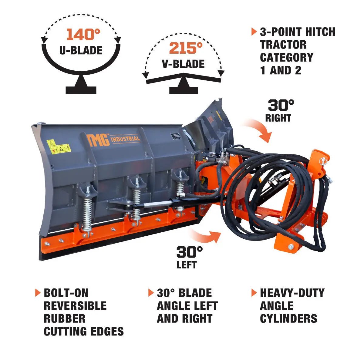 8-½’ U/V Angle Blade Snowplow, Reversible Rubber Edges, 6 Positions, Category 1 & 2 Hookups, 3-Point Hitch, 40-90 HP Tractors, TMG-SP08 - Image 3