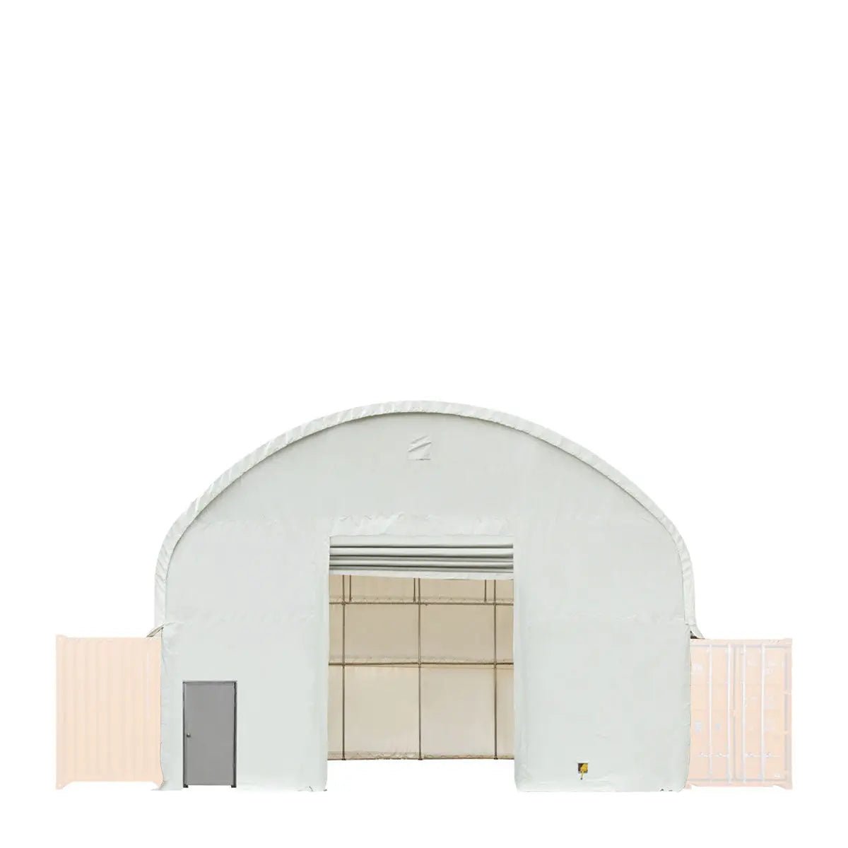 Front & Back End Wall Kit, Custom Cut for TMG-DT4041C Dual Truss Container Shelter, Front Winch Roll-up Door, Steel Man Door, 21 oz PVC, TMG-DT40CFB - Image 2