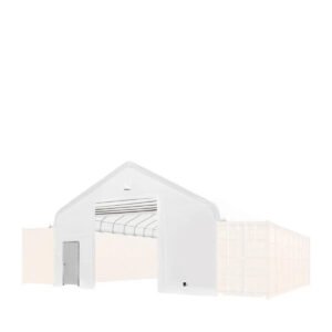 Front & Back End Wall Kit, Custom Cut for TMG-ST3041CV and TMG-ST3041CE Container Peak Roof Shelter Pro Series, Front wall with mechanical rollup door, Steel Man Door, Rear closed wall, 17 oz PVC, TMG-ST30CFB