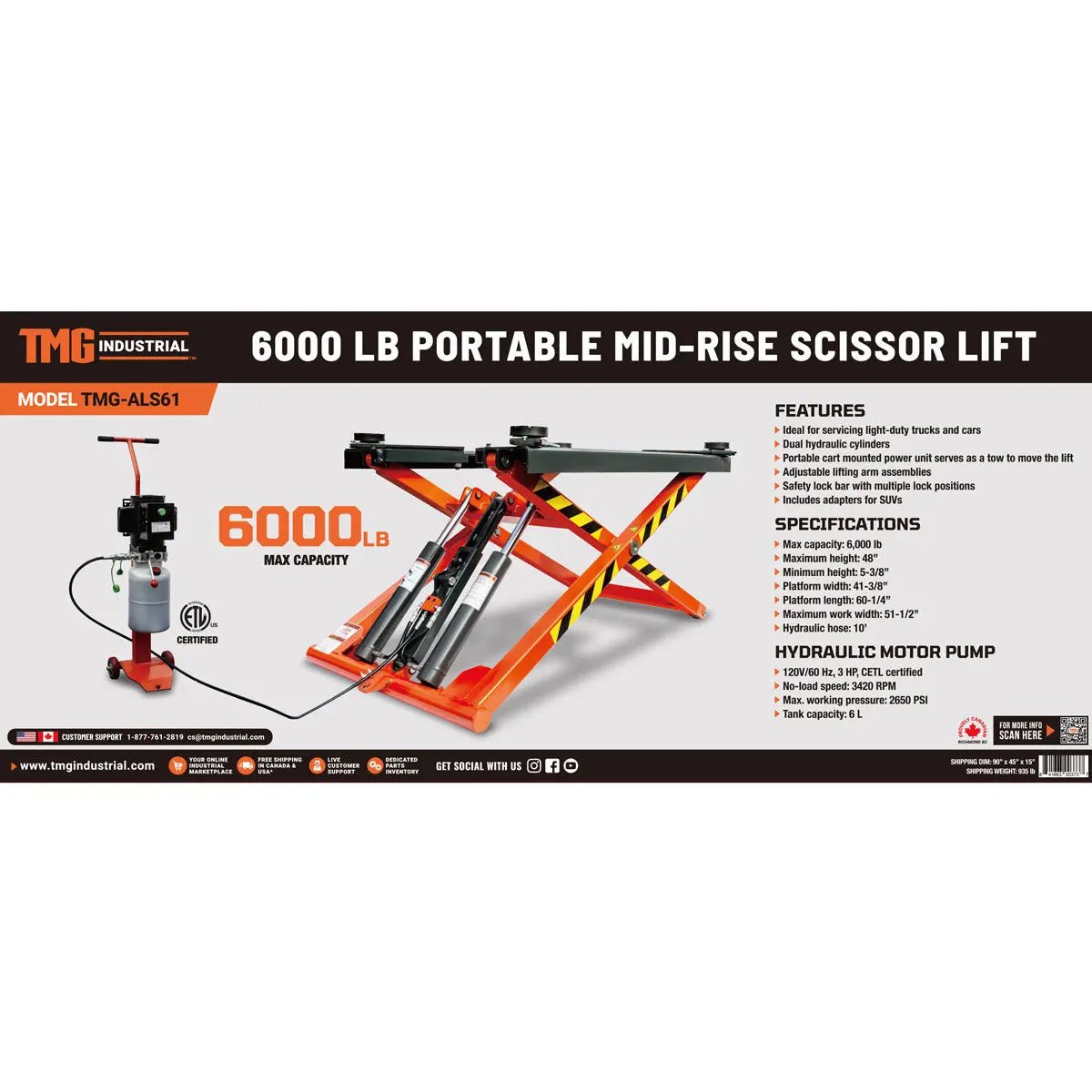 Mid-Rise Portable Automotive Scissor Lift, 6000 lb Lift Capacity, 48" Lift Height, Single-Point Lock Release, TMG-ALS61 - Image 15