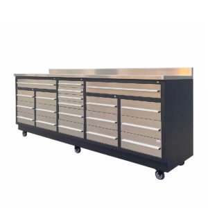 Pro Series 9' 20 Drawer Stainless Steel Workbench, Ball Bearing Double Slides & Casters TMG-WB921S (Previously WB21DS)
