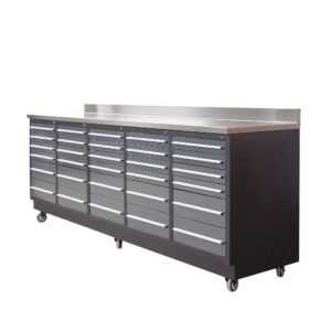 Pro Series 9-Ft 30-Drawer Workbench with Stainless Steel Top, Ball Bearing Double Slides & Casters, TMG-WB930