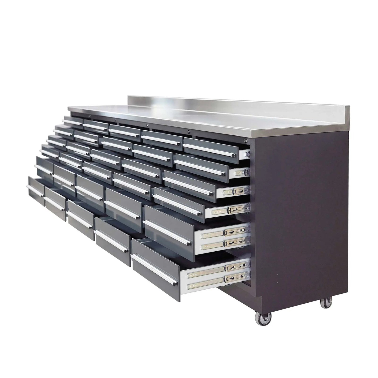 Pro Series 9-Ft 30-Drawer Workbench with Stainless Steel Top, Ball Bearing Double Slides & Casters, TMG-WB930 - Image 4
