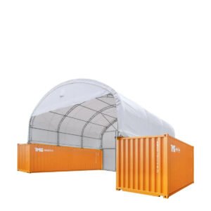 30' x 20' Dual Truss Container Shelter with Heavy Duty 17 oz PVC Cover, Enclosed End Wall & Front Drop, TMG-DT3020CF
