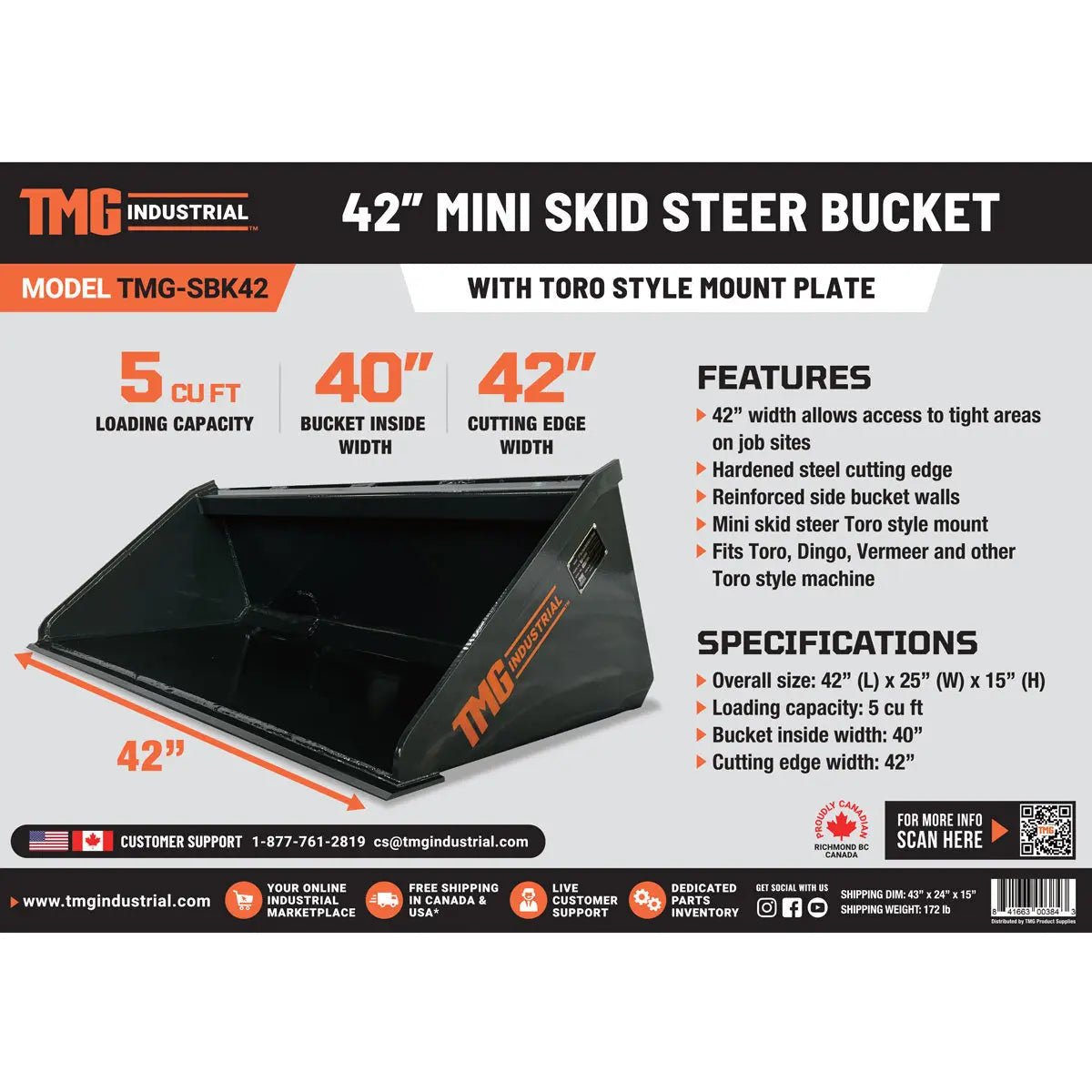 42" Mini Skid Steer Bucket, Toro Style Mount, 5 Cu-Ft Capacity TMG-SBK42 - Image 4