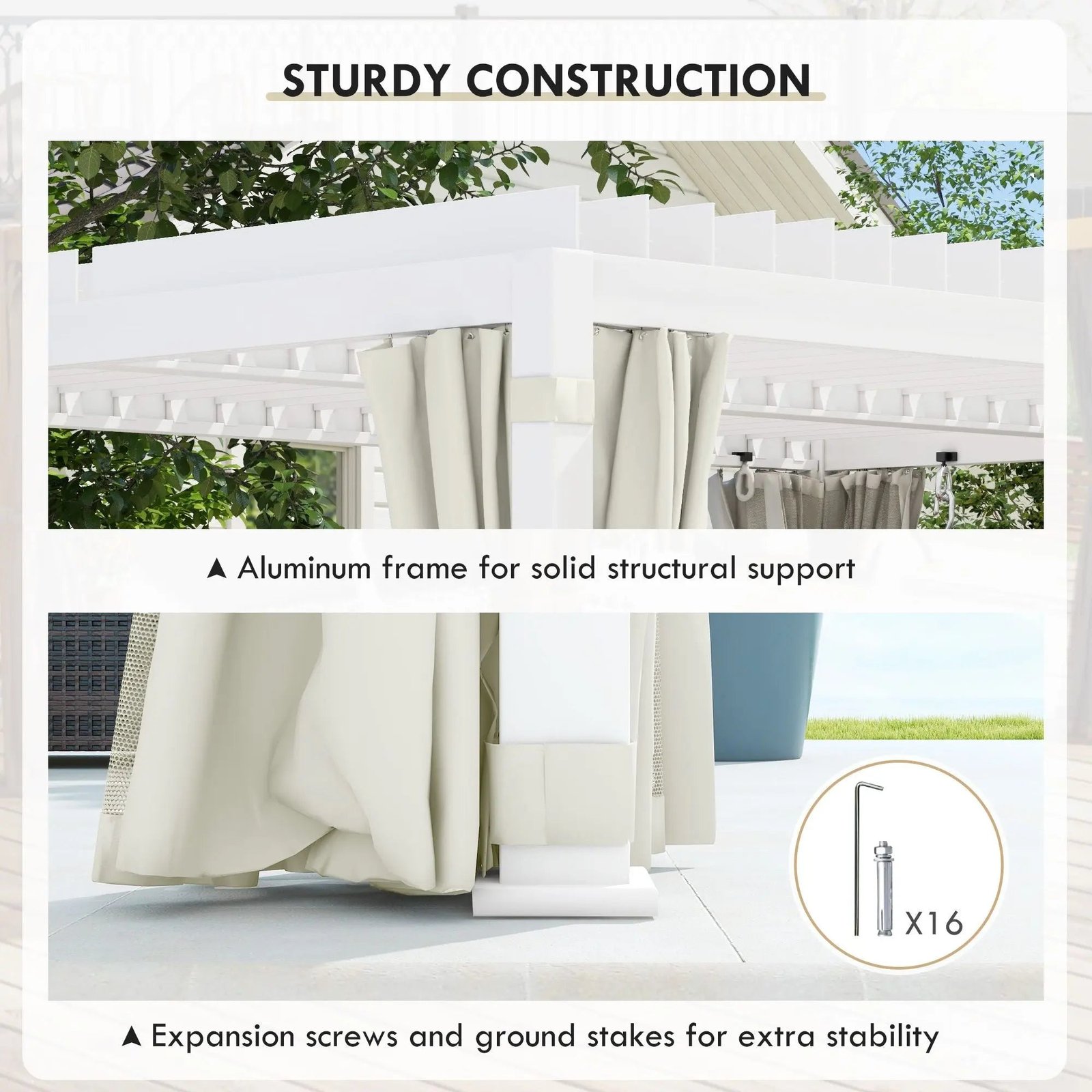 12' x 19' Aluminum Pergola, 2 Adjustable Louvred Roofs, Curtains & Nettings, UV-Fighting & Waterproof, DOBA-PC1219 - Image 7