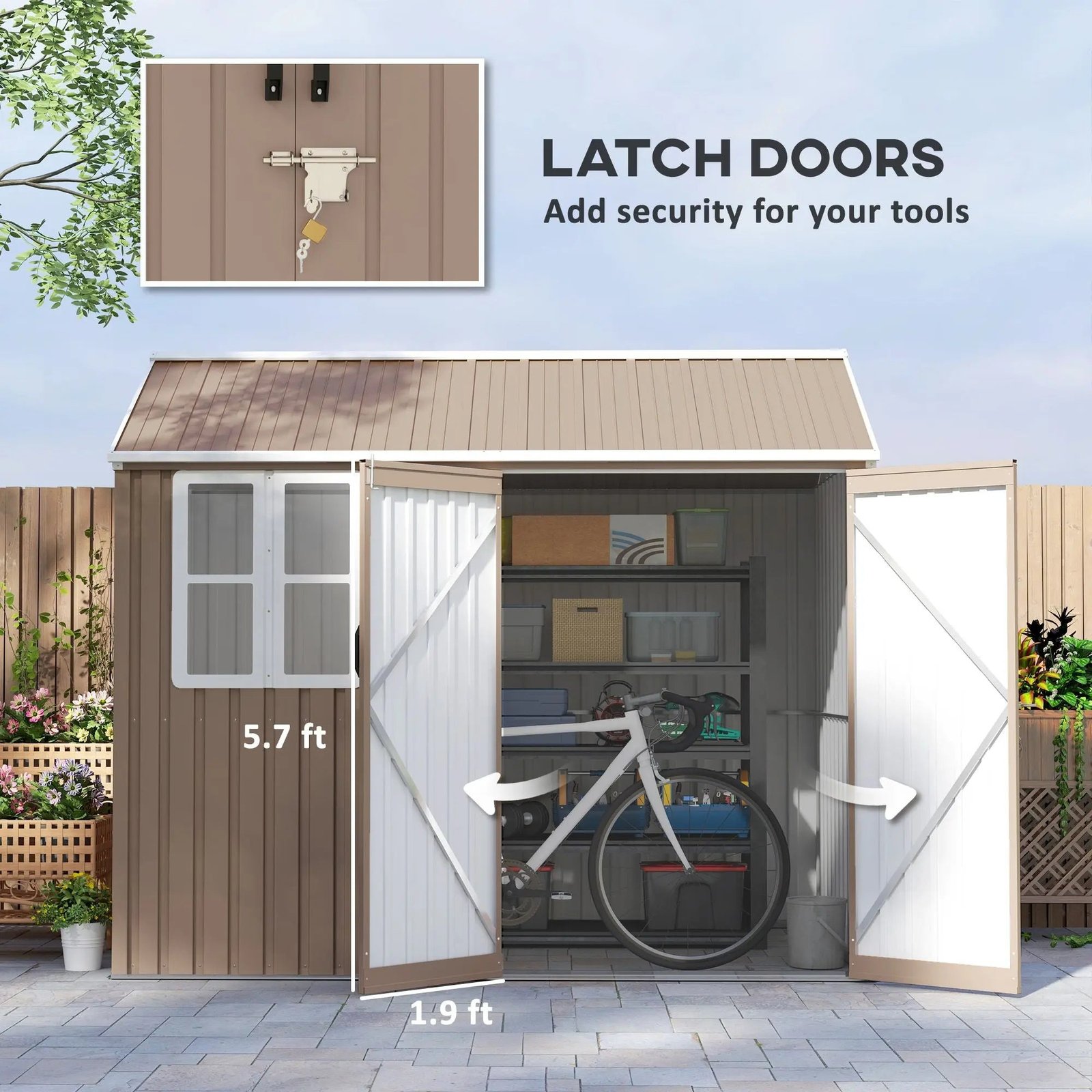 8' x 6' Metal Garden Storage Shed, Extra Large Tool Storage, Doors, Window, and Air Vents, Brown, DOBA-MS86 - Image 9
