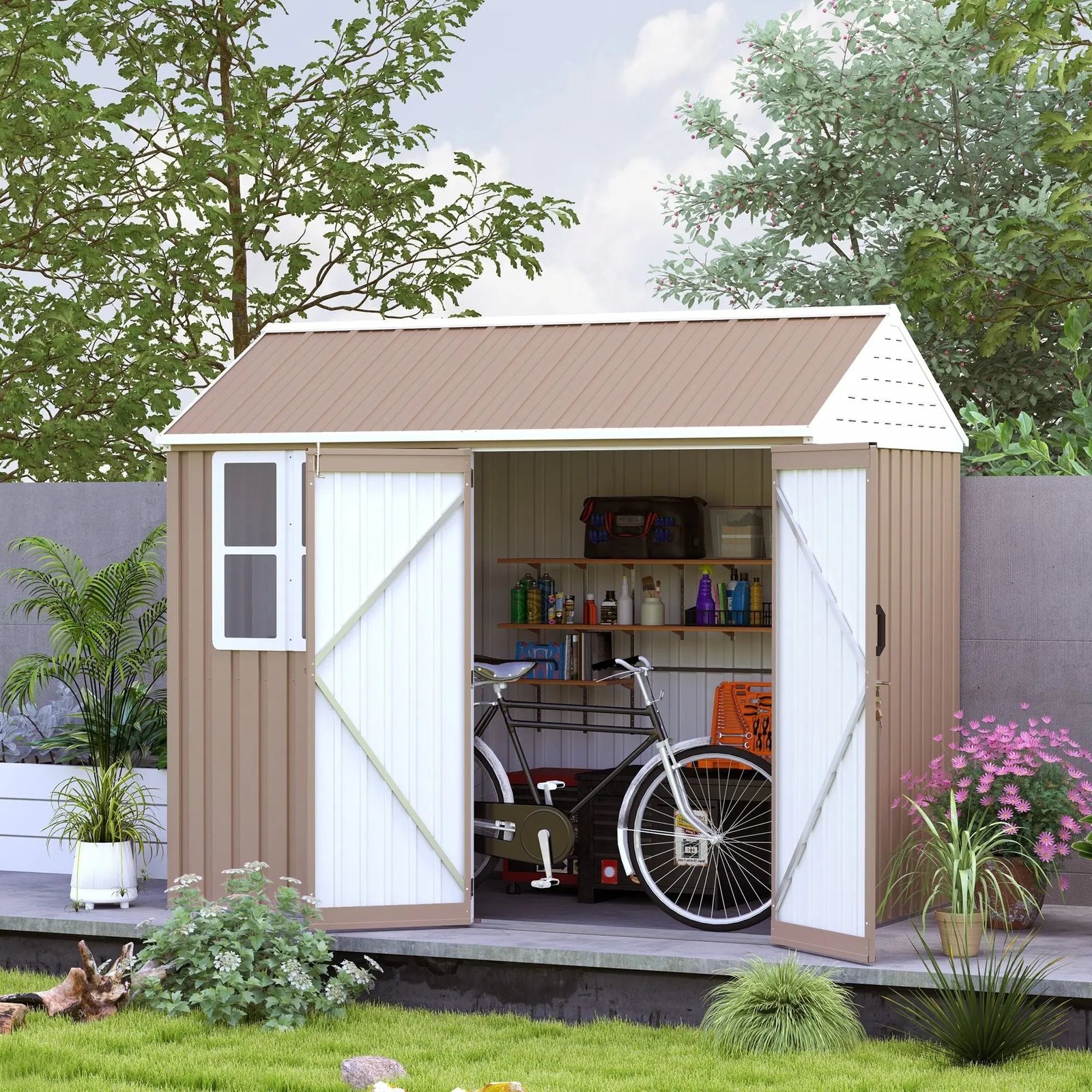 8' x 6' Metal Garden Storage Shed, Extra Large Tool Storage, Doors, Window, and Air Vents, Brown, DOBA-MS86 - Image 11