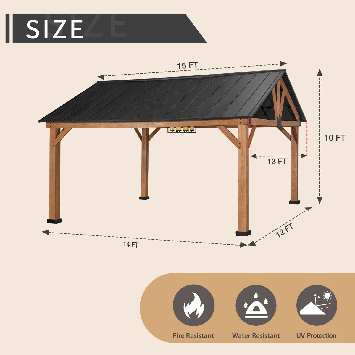 JOYSIDE 15 ft. x 13 ft. Solid Cedar Wood Outdoor Patio Hardtop Gazebo - Image 4