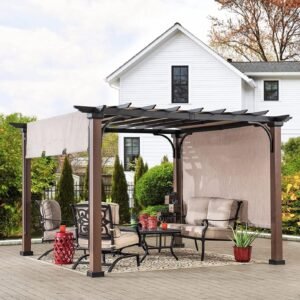 Sunjoy 11 x 11 ft Metal Pergola with Adjustable Tan Garden Shade