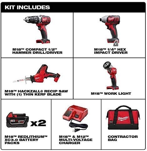Milwaukee 2695-24 M18 18V Cordless Power Tool Combo Kit with Hammer Drill, Impact Driver, Reciprocating Saw, and Work Light (2 Batteries, Charger, and Tool Case Included) - Image 4