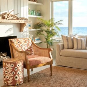 Wood & Cane Arm Chair With Hand-Tufted Back