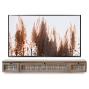 Taupe Cane Floating TV Stand Boho Wall Mount Rattan Wicker Console - Sugar Cane - Ginger - OB 50% OFF
