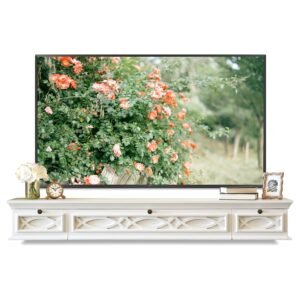 White Traditional Handcrafted 72" Floating TV Stand Wall Mount Media Fireplace Mantel Console - Galilee - Swiss Coffee