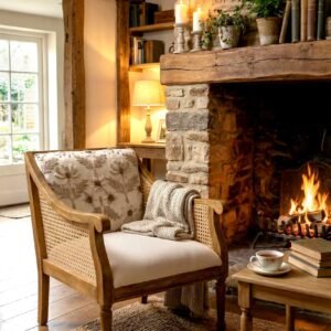 Wood & Cane Arm Chair With Embroidery Back