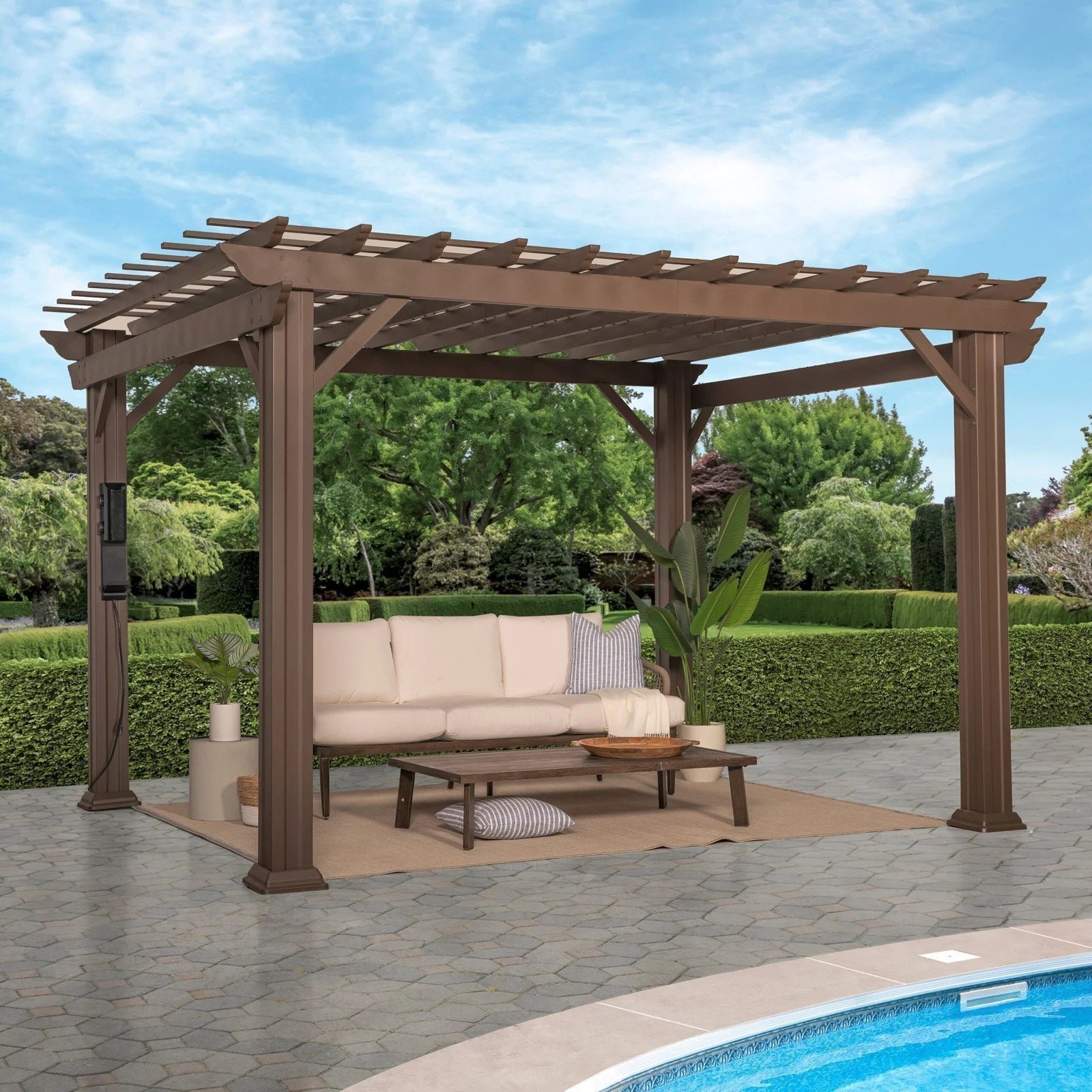 12x10SteelPergolaHeroBrown-scaled-1 12 x 10 Ashford Traditional Steel Pergola With Sail Shade Soft Canopy - Image 1