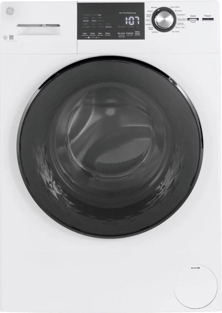 6313656_sd-1 GE – 2.4 Cu. Ft. High Efficiency Stackable Front Load Washer with Steam and Sanitize – White - Image 1