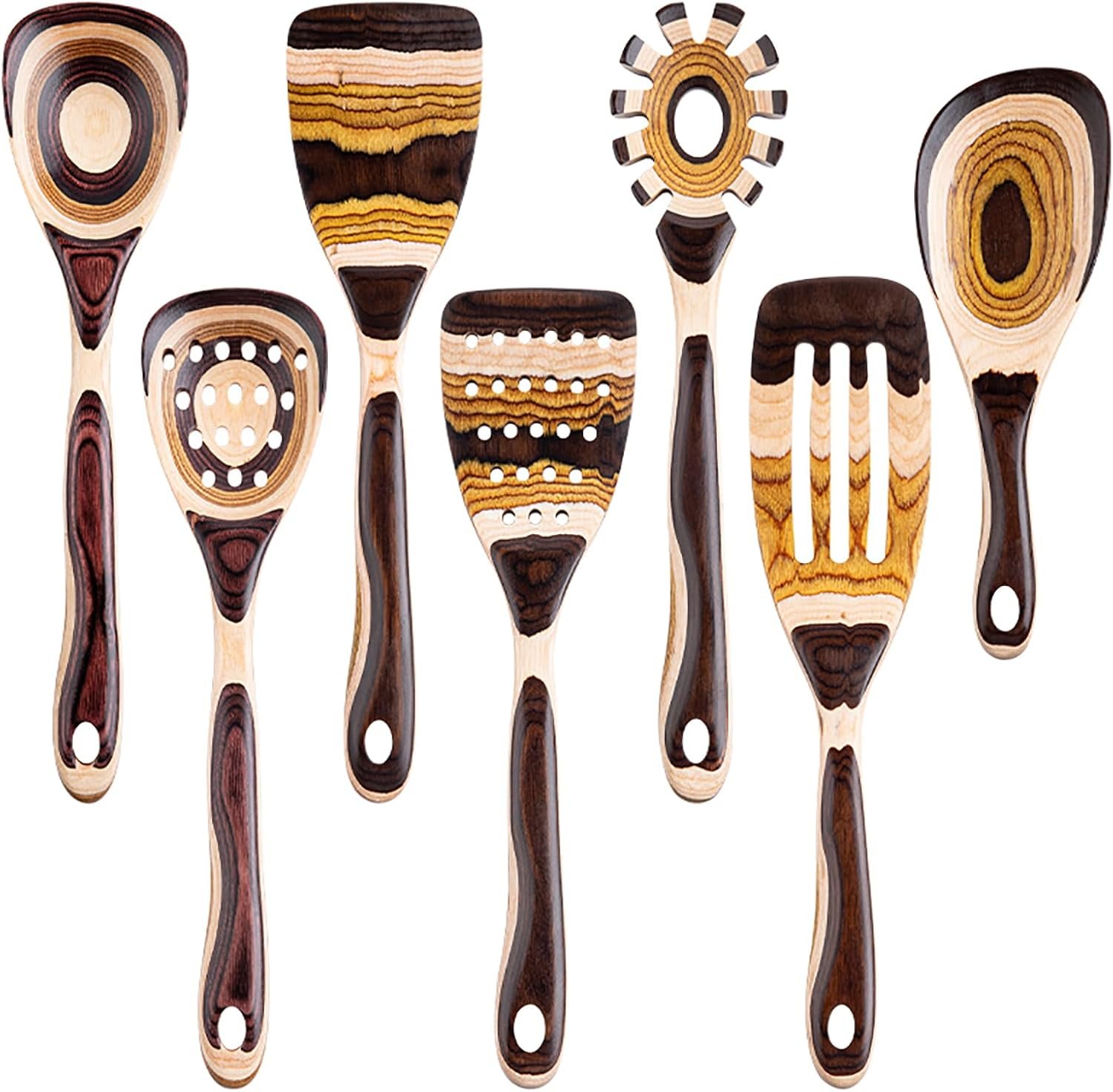 71xqfEDopCL._AC_SL1500 7-Piece Pakkawood Wooden Cooking Utensil Set – Brown Eco-Friendly Kitchen Spoons & Tools for Home Cooking - Image 1