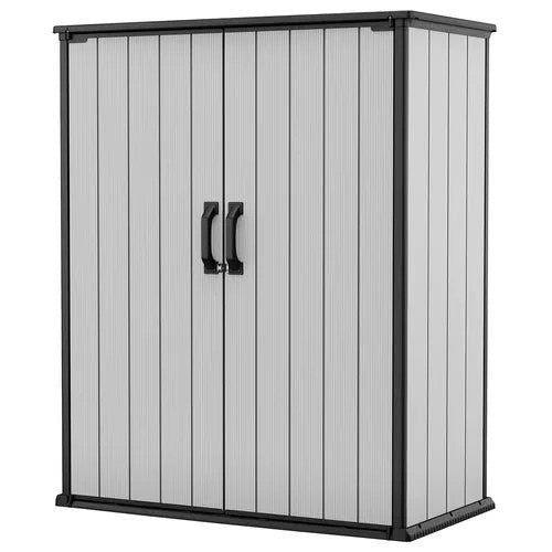 Premier_Tall_Vertical_Outdoor_Indoor_Storage_Shed_Weather-resistant_Cabinet_With_Doble_Doors-1 Keter Premier Tall Resin Outdoor Storage Shed with Shelving Brackets for Patio Furniture, Pool Accessories, and Bikes, Grey & Black - Image 1