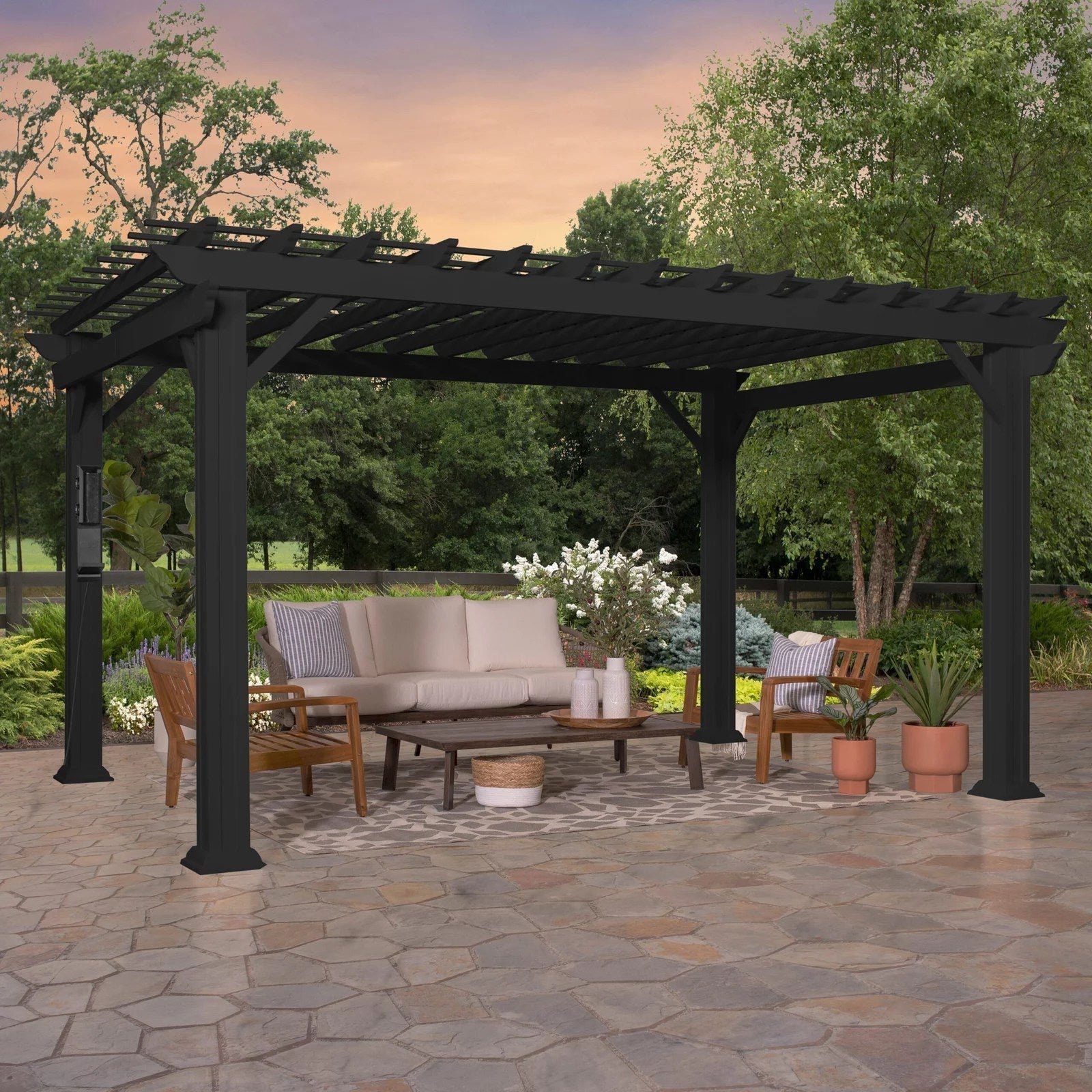 Stratford-14x10-2-scaled-1 14×10 Stratford Traditional Steel Pergola With Sail Shade Soft Canopy - Image 1