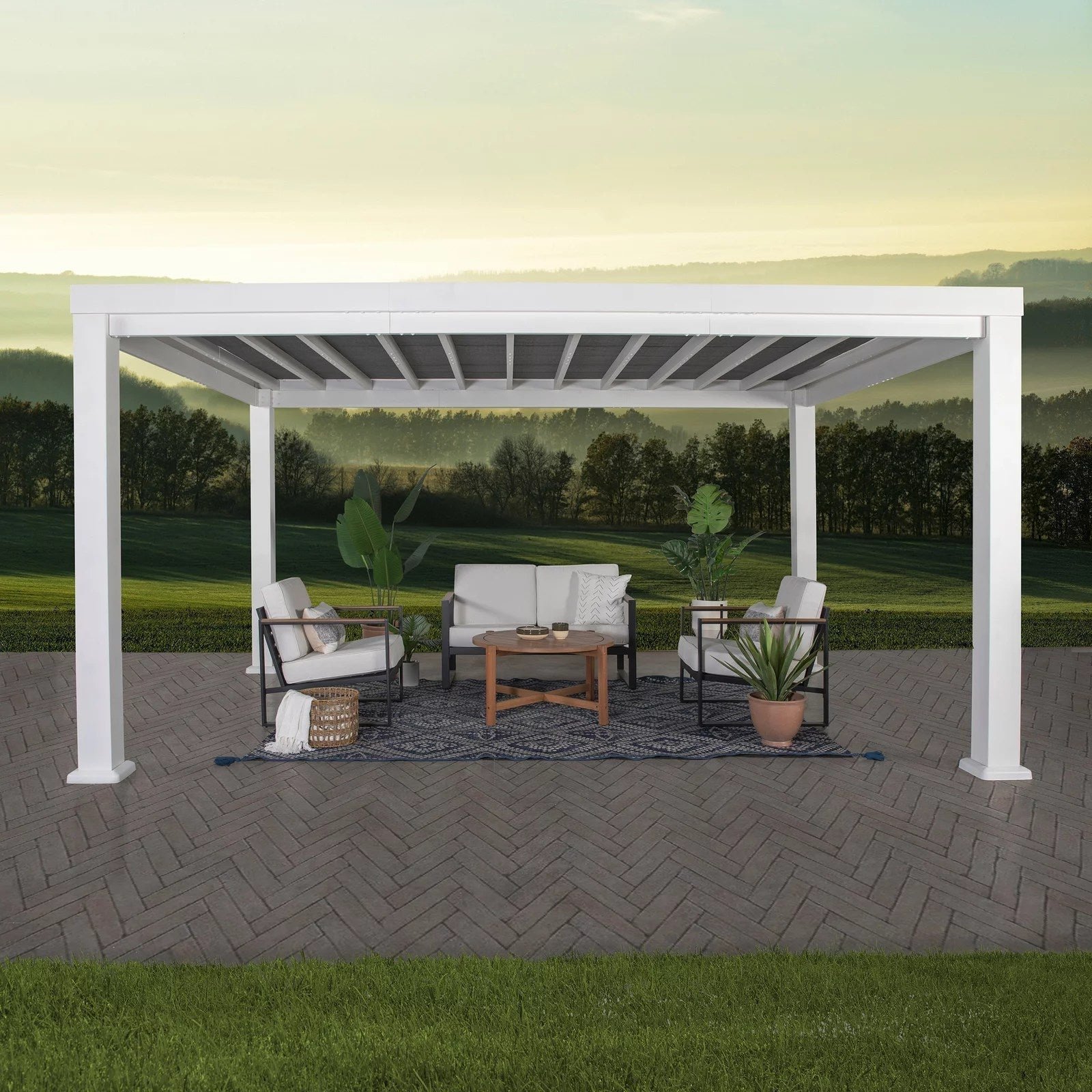 Windham14x12Front-1 14×12 Windham Modern Steel Pergola With Sail Shade Soft Canopy - Image 1