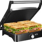OSTBA Panini Press Grill with Adjustable Temperature, 4-Slice Indoor Grill, 180° Open Sandwich Maker with Drip Tray, Non-Stick Plates, Stainless Steel, 1200W