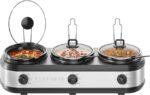 Chefman Triple Slow Cooker & Food Warmer, Three Crock Slow Cooker with 2.5 Qt Ceramic Crocks, 7.5-Quart Total Capacity, PFAS-Free, Three Temperature Settings, Dishwasher-Safe Parts, Stainless Steel