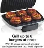 Hamilton Beach Electric Indoor Grill, 6-Serving, Large 90 sq. in. Nonstick Easy-Clean Plates, Floating Hinge for Thicker Foods, 1200 Watts, 6.38"D x 12.68"W x 13.78"H, Silver (25371) - Image 2