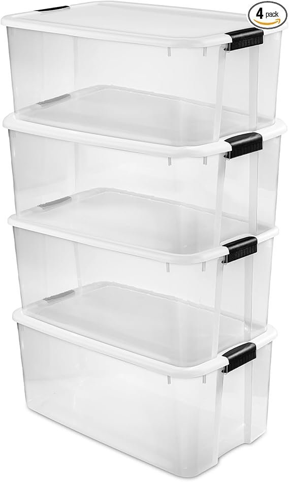 51LxxFibAJL._AC_SX569_PIbundle-4TopRight00_SH20_-1.jpg Sterilite 4-Pack Ultra Latching Box, Storage Bins with Lids, Clear Plastic, 116 Quart - Heavy-Duty Organizing Containers for Closet, Bathroom, and Office - Image 1