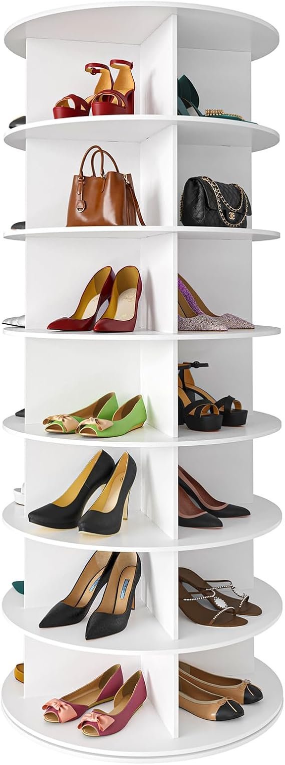 61Bsq1apdiL._AC_SX569_-1.jpg SpaceAid 7 Tier Rotating Shoe Rack Tower, Spinning Shoe Display Lazy Susan, Revolving 360 Shoe Rack Storage Round Carousel, Vertical Handbag Rotate Shoes Closet Organization (7-Tier White) - Image 1