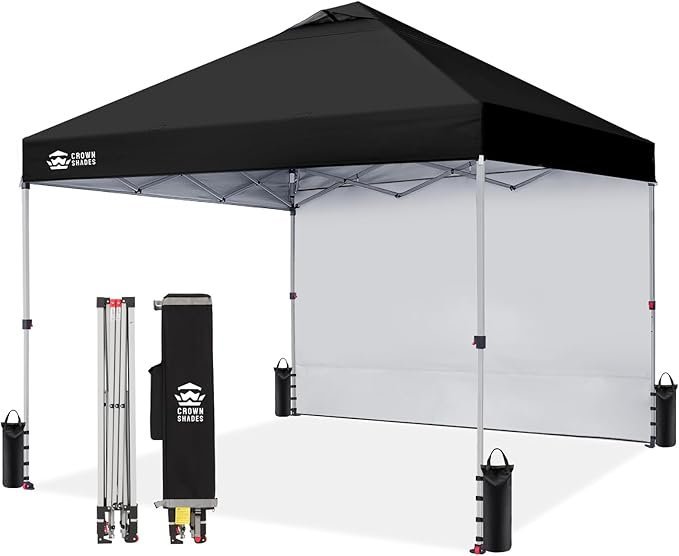 61ZDFuA1X2L._AC_SX679_-1.jpg CROWN SHADES 10x10 Pop Up Canopy with 1 Side Wall - Beach Tent with One Push Setup - Outdoor Sun Shade for Events, Parties, Camping - Gazebo with STO-N-Go Cover Bag (Black) – Bild 1