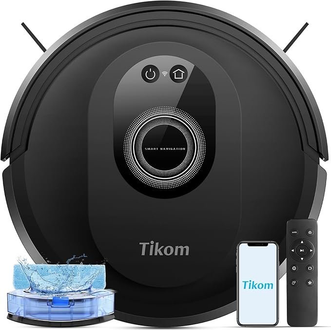 71lOhFFaWuL._AC_SX679_-1.jpg Tikom Robot Vacuum and Mop Combo, 5000Pa Robotic Vacuum Cleaner, 150 Min Max, App & Remote Control, Ideal for Hard Floor, Carpet, Pet Hair, Self-Charge(G8000 Max) - Image 1