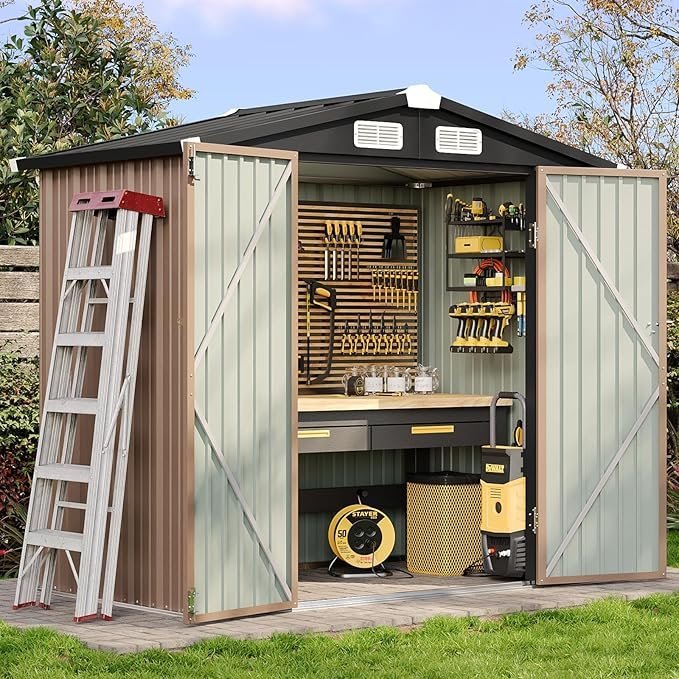 810ORxotJ3L._AC_SX679_-2.jpg Aoxun 6.2x4 FT Shed Outdoor Storage Shed with Lockable Doors & Slooping Roof Metal Garden Tool Shed for Backyard, Patio, Poolside (Brown) – Bild 1